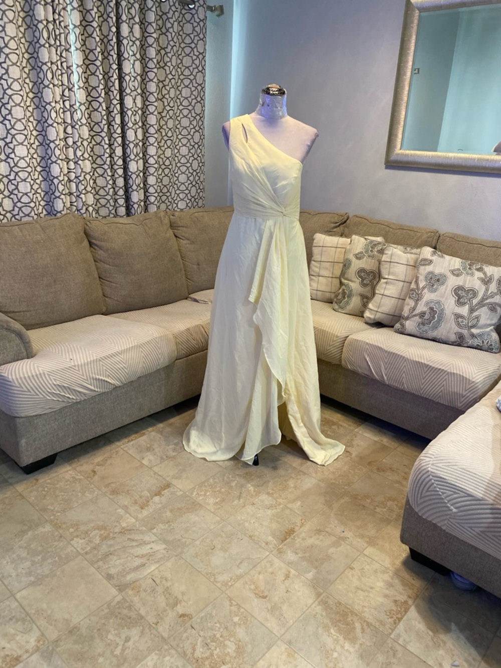 New Women 12 Light yellow chiffon gown with elegant one-shoulder, ruffles
